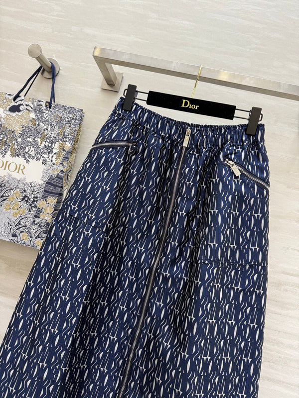 CD 2025 Letter Long Skirt Blue Jacquard Canvas