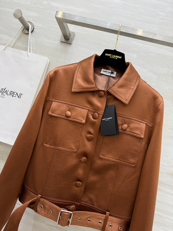 YSL 25 Cracked Pleated Jacket Brown Acetate