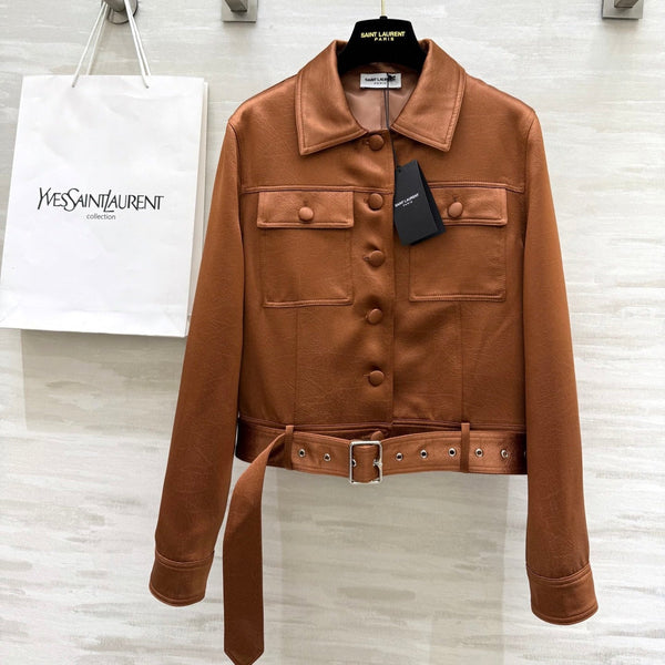 YSL 25 Cracked Pleated Jacket Brown Acetate