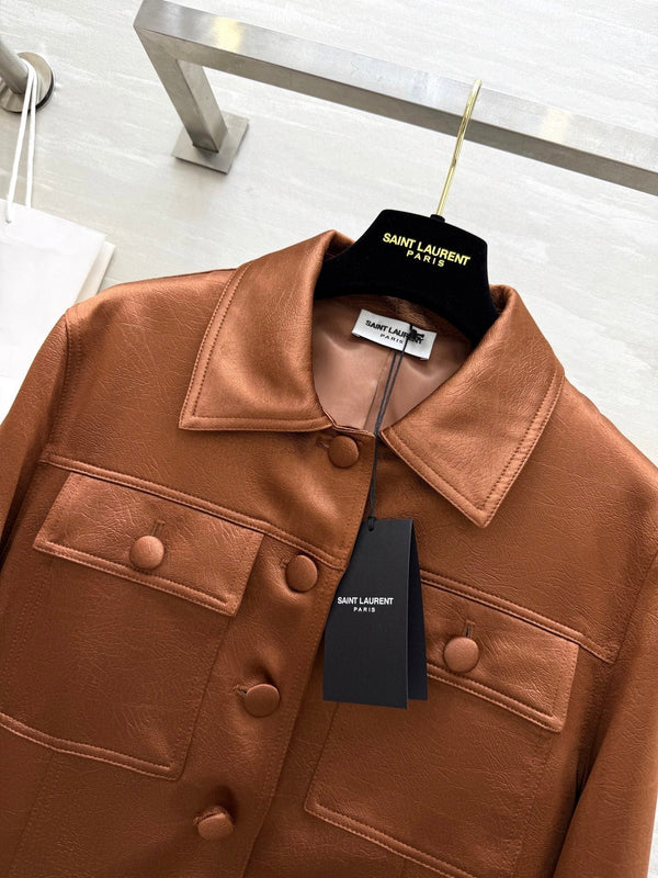 YSL 25 Cracked Pleated Jacket Brown Acetate