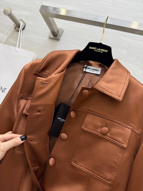 YSL 25 Cracked Pleated Jacket Brown Acetate