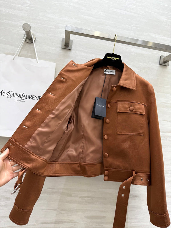 YSL 25 Cracked Pleated Jacket Brown Acetate