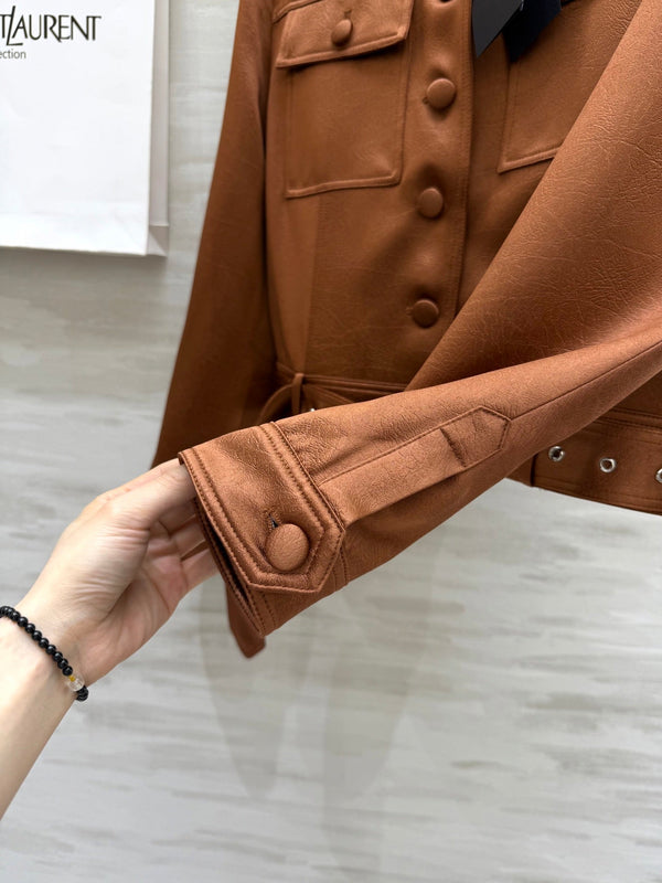 YSL 25 Cracked Pleated Jacket Brown Acetate