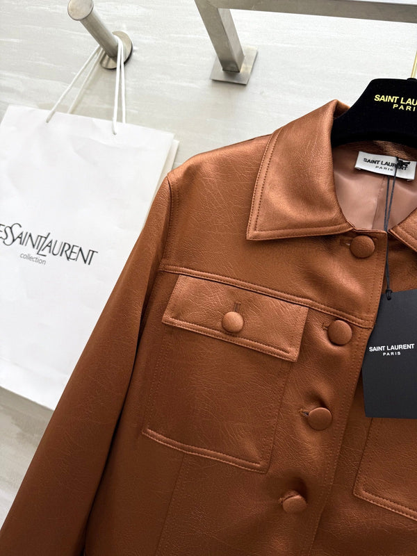 YSL 25 Cracked Pleated Jacket Brown Acetate