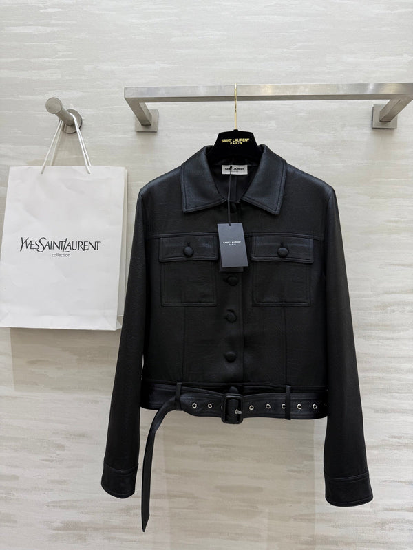 YSL 25 Cracked Pleated Jacket Black Acetate