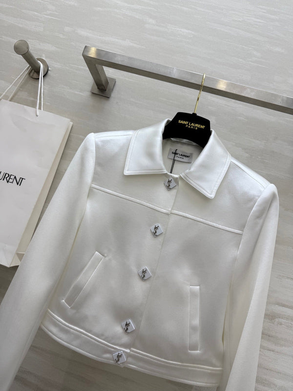 YSL 25 Short Jacket White Acetic Acid Cracked Fabric
