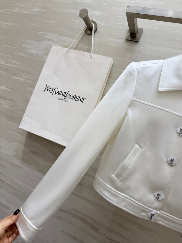 YSL 25 Short Jacket White Acetic Acid Cracked Fabric