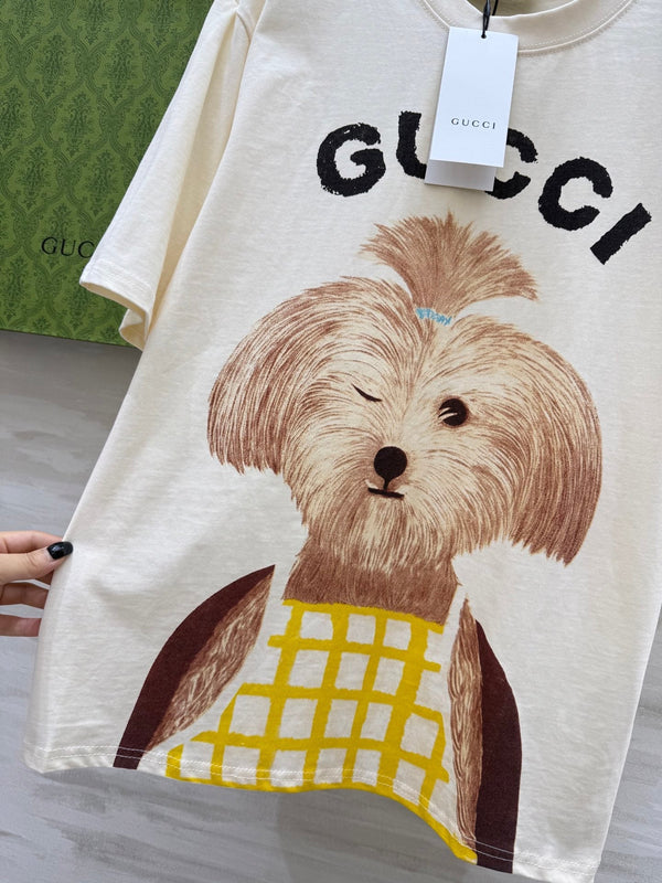 Gucci 25 Puppy Short-sleeved T-shirt Beige Brown Cotton