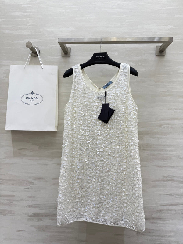 Abito gilet con paillettes Prada 25 in poliestere bianco