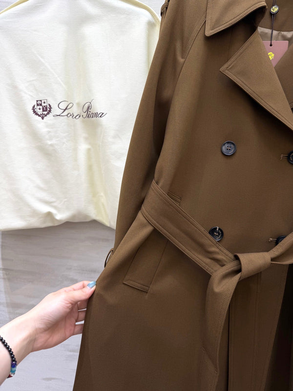 LP 25 Tie-Waist Slim Lapel Long Trench Coat Brown Cotton 305540
