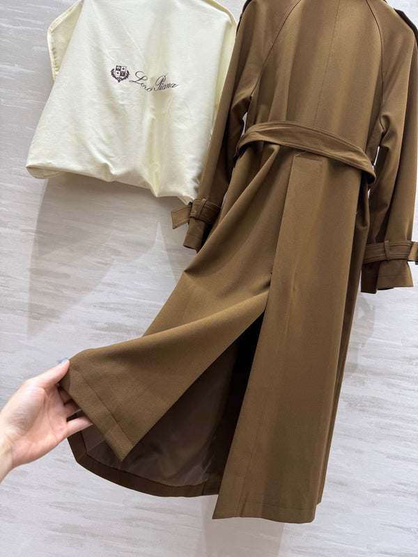 LP 25 Tie-Waist Slim Lapel Long Trench Coat Brown Cotton 305540