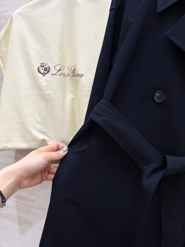 LP 25 Tie-Waist Slim Lapel Long Trench Coat Navy Blue Cotton 305537