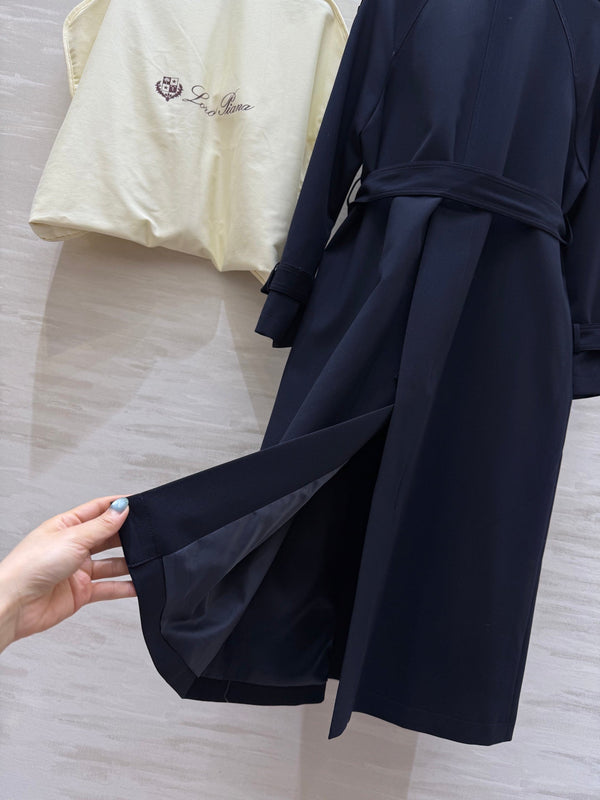 LP 25 Tie-Waist Slim Lapel Long Trench Coat Navy Blue Cotton 305537