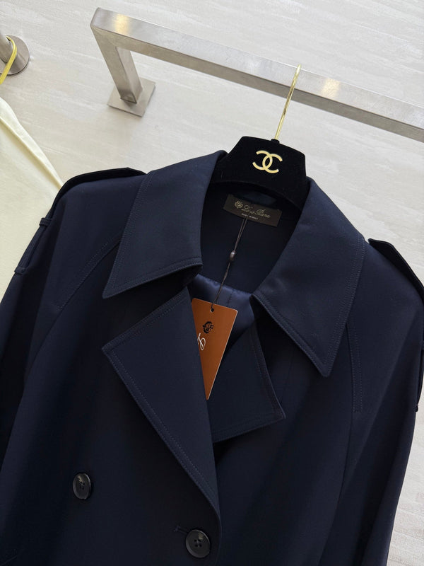 LP 25 Tie-Waist Slim Lapel Long Trench Coat Navy Blue Cotton 305537