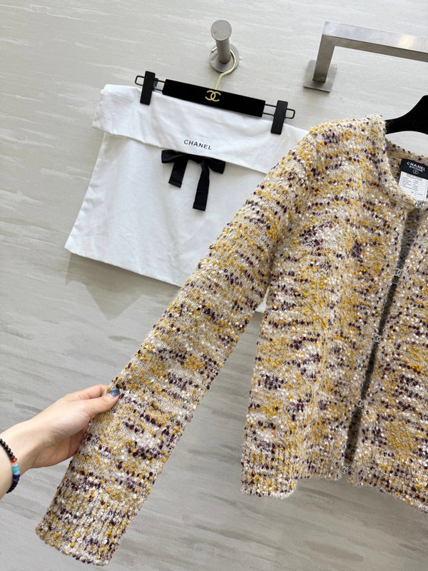 Cardigan Veste CC Beige Multicolore Laine de Mouton Tweed 343317