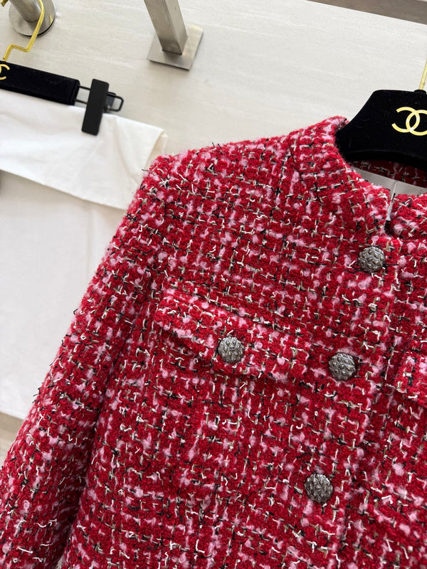 Robe à manches longues en tweed tissé CC Tweed rouge et rose 343197