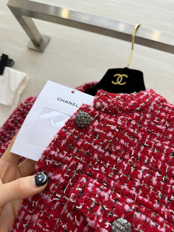 Robe à manches longues en tweed tissé CC Tweed rouge et rose 343197