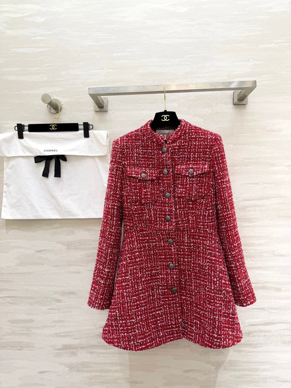 Robe à manches longues en tweed tissé CC Tweed rouge et rose 343197