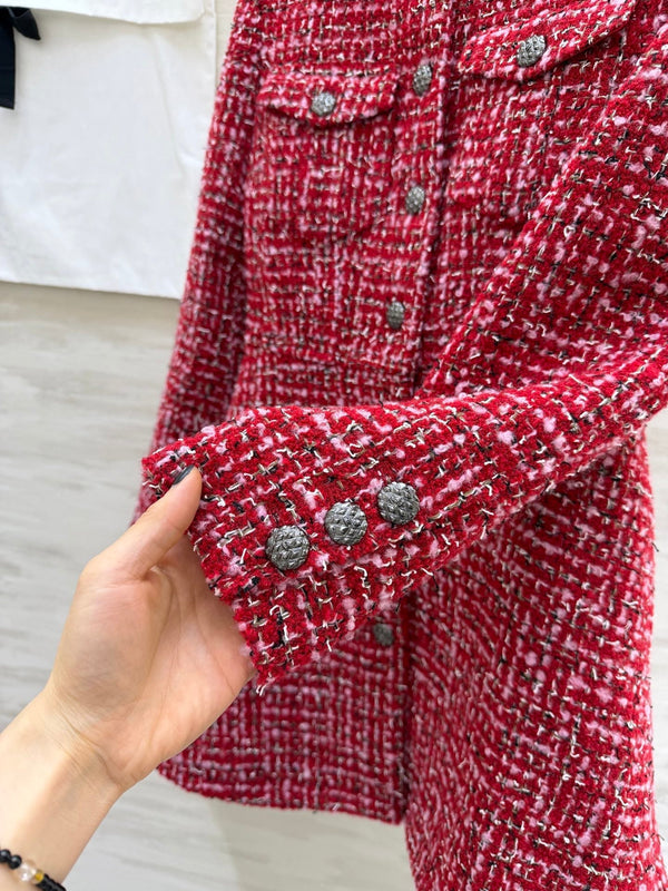 Robe à manches longues en tweed tissé CC Tweed rouge et rose 343197
