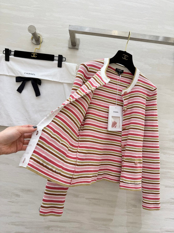 Gilet en maille rayé à manches longues et col boutonné CC 344741