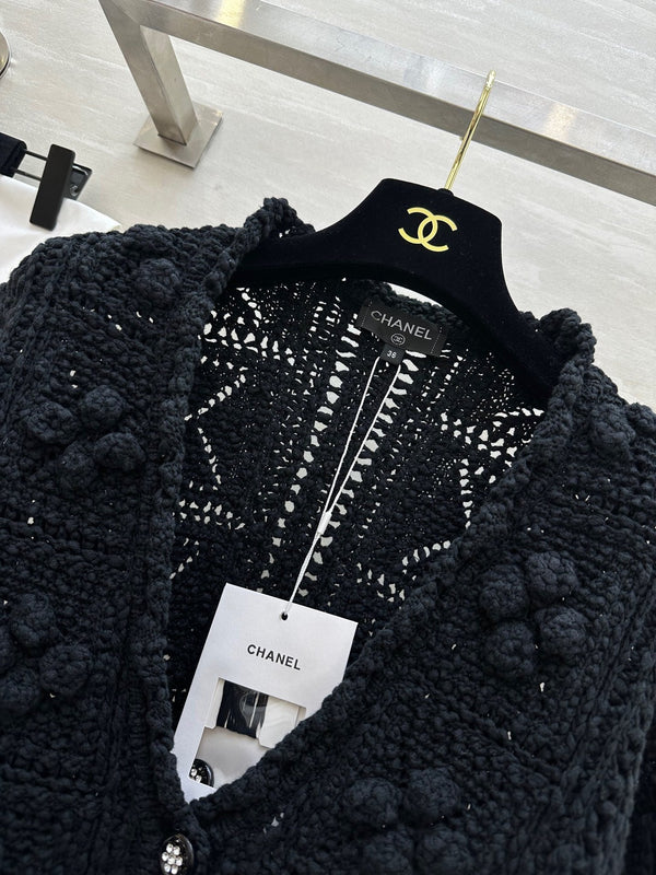 Cardigan en maille crochet ajourée Coton Noir 346493