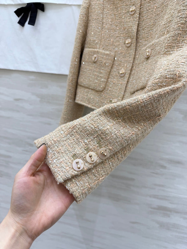 CC 26s Coat 3D Floral Embellished Beige Wool Blend Tweed