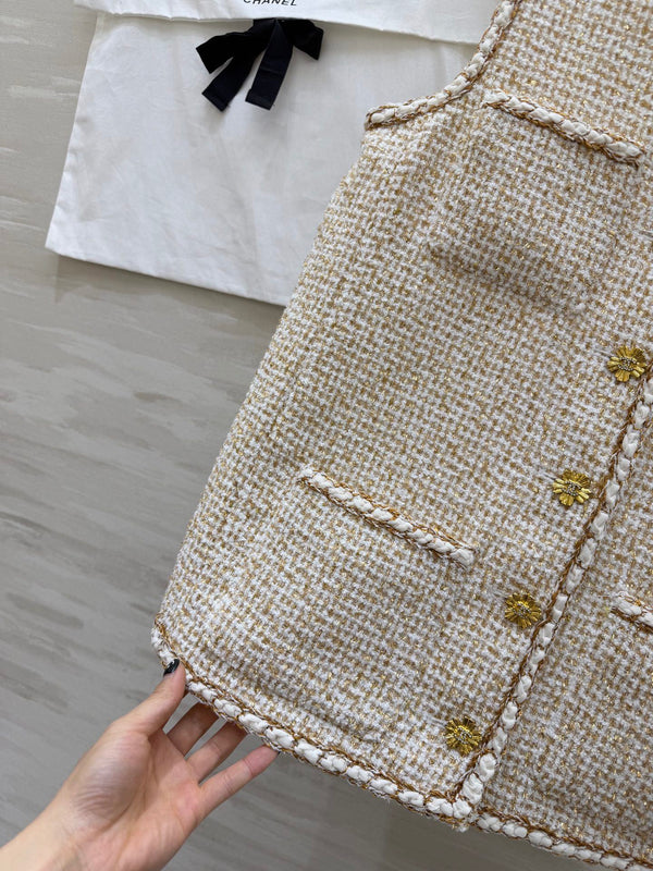 CC 26S Gilet croisière en tweed beige et fil doré