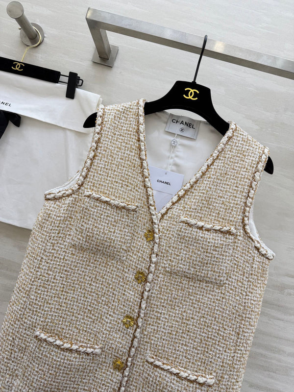CC 26S Gilet croisière en tweed beige et fil doré
