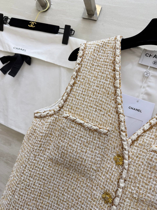 CC 26S Gilet croisière en tweed beige et fil doré