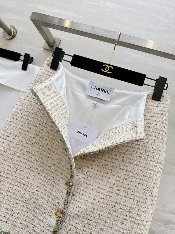 Jupe Midi CC 26s Tweed Blanc Doré