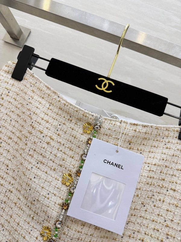 Jupe Midi CC 26s Tweed Blanc Doré