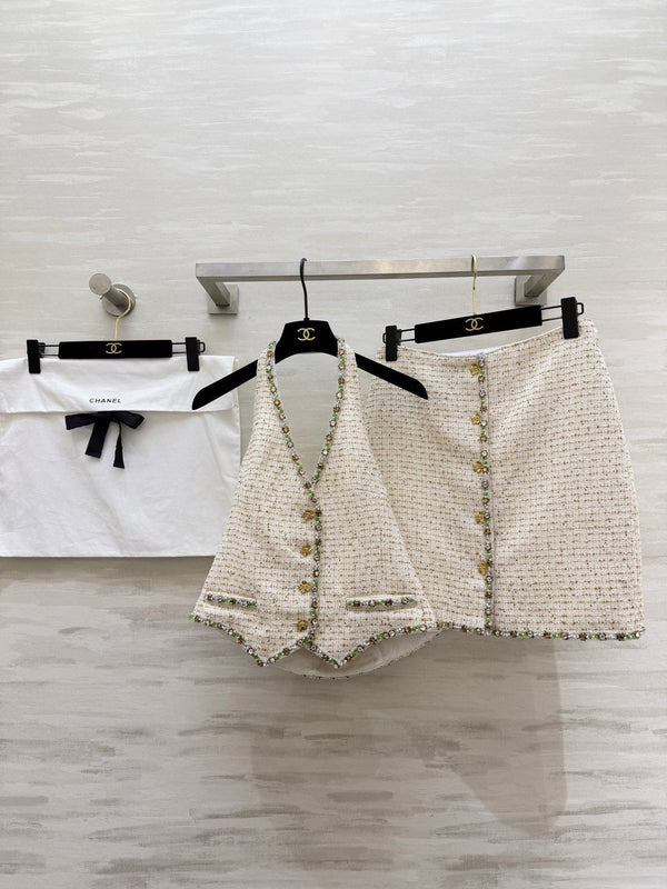 Jupe Midi CC 26s Tweed Blanc Doré