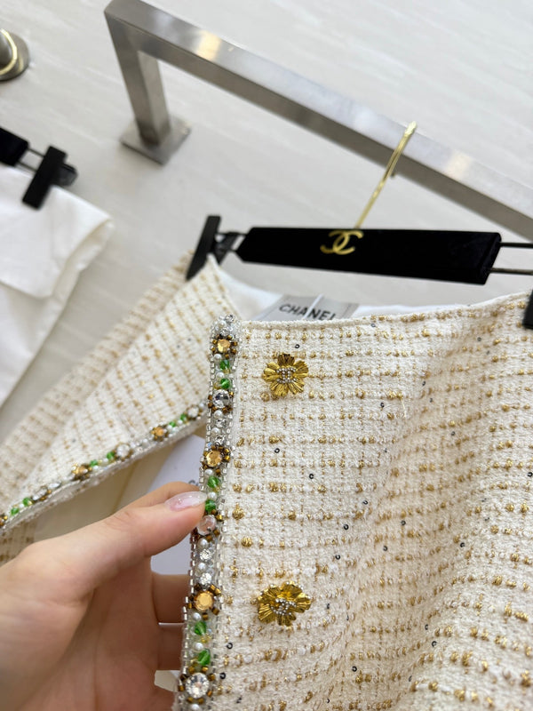 Jupe Midi CC 26s Tweed Blanc Doré