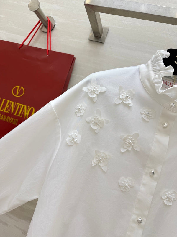 Valentino 26s Floral Ruffle Collar Shirt White Cotton 363576