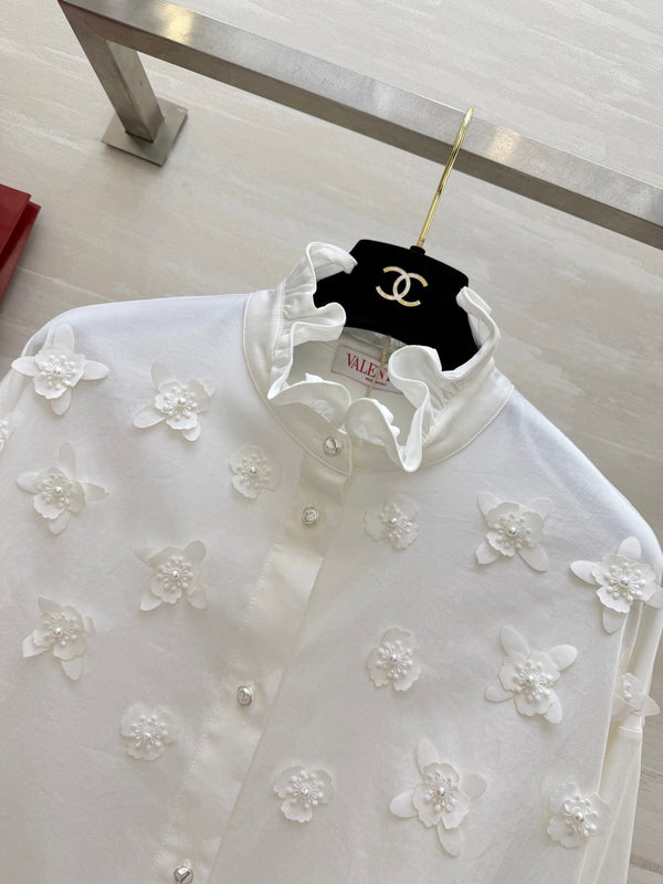 Valentino 26s Floral Ruffle Collar Shirt White Cotton 363576