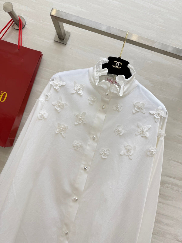 Valentino 26s Floral Ruffle Collar Shirt White Cotton 363576