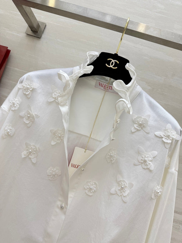 Valentino 26s Floral Ruffle Collar Shirt White Cotton 363576