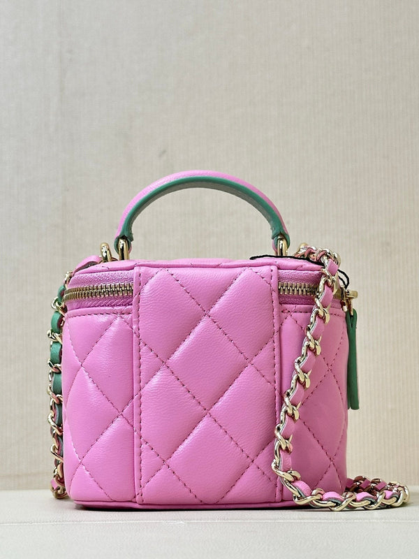 vanity shoulder bag top handle 10cm pink green lambskin