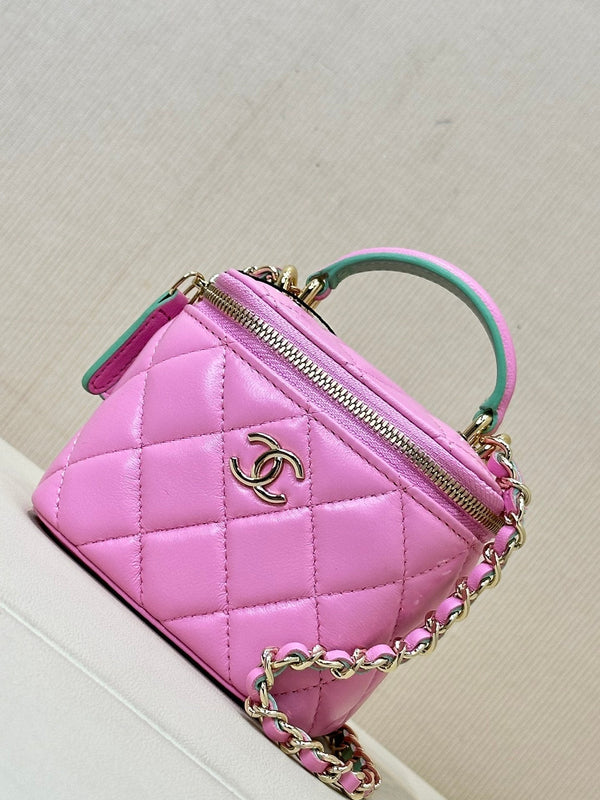vanity shoulder bag top handle 10cm pink green lambskin