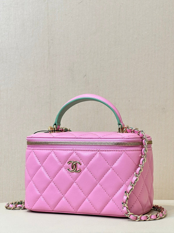 vanity shoulder bag top handle 17cm pink green lambskin