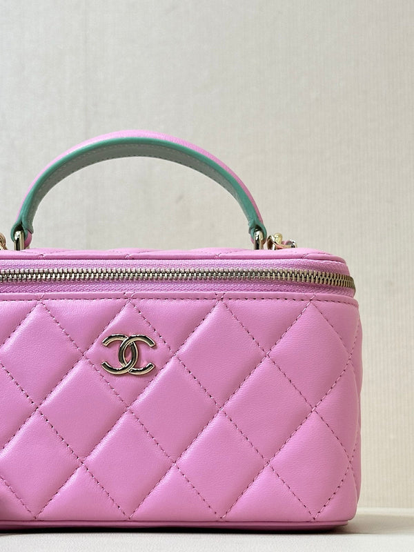 vanity shoulder bag top handle 17cm pink green lambskin