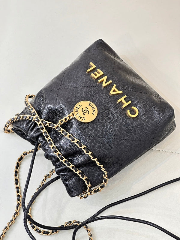 CC 22 Hobo Bag 19cm Black Grained Calfskin Gold Hardware