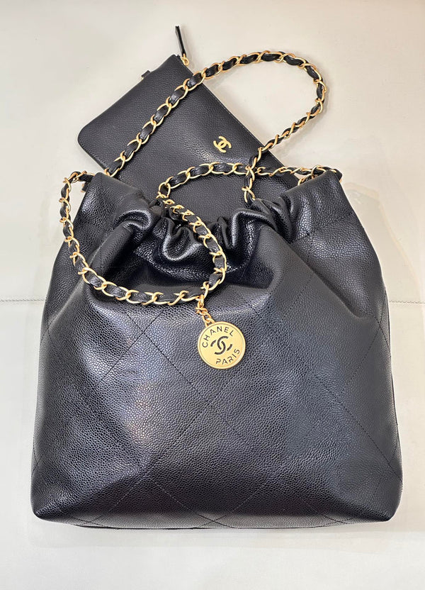 CC 22 Hobo Bag 35cm Black Grained Calfskin Gold Hardware