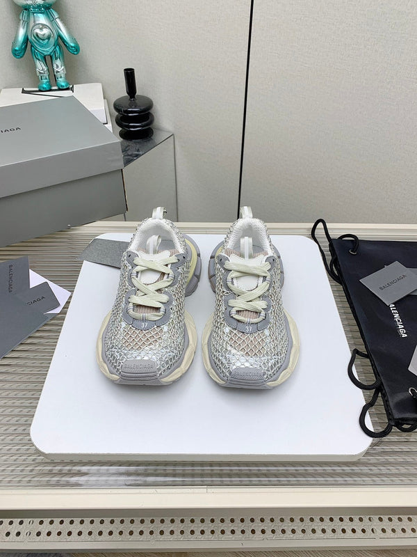 SNEAKER XL IN RETE GRIGIA E BEIGE, POLIURETANO, POLIESTERE CON STRASS