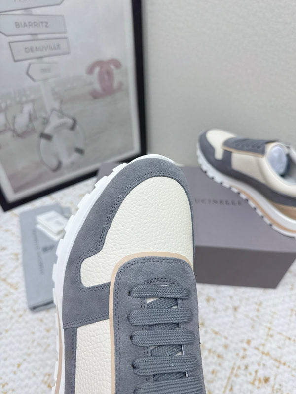 Brunello Panelled Sneakers Ivory Dark Grey Grain Leather Suede 625362