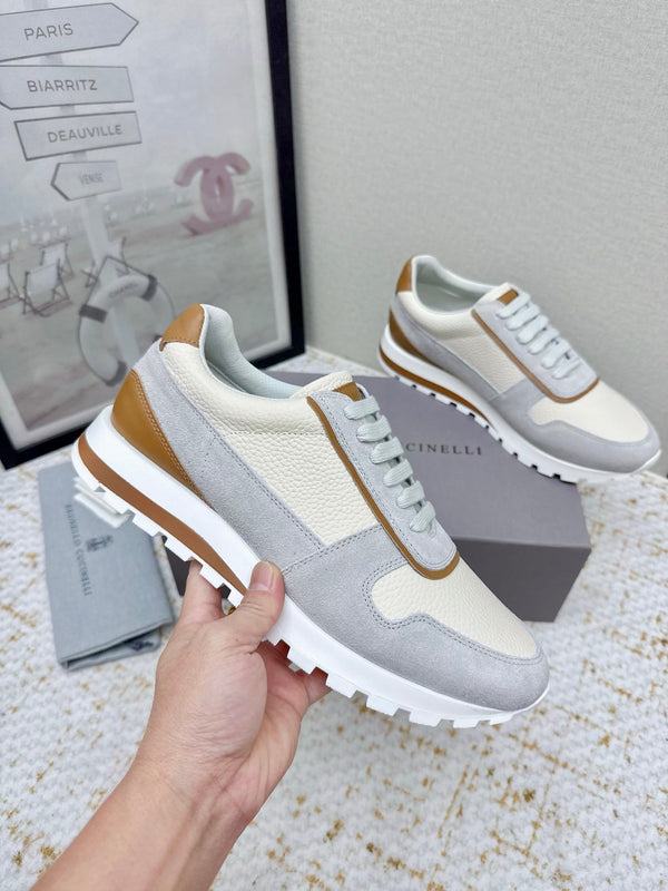 Brunello Panelled Sneakers Ivory Grey Grain Leather Suede 625366