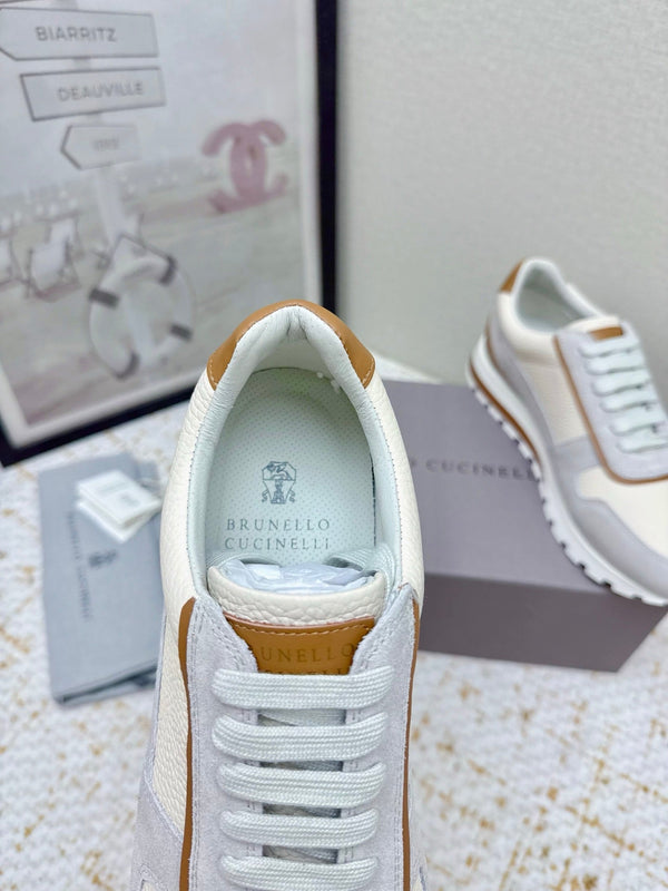 Brunello Panelled Sneakers Ivory Grey Grain Leather Suede 625366