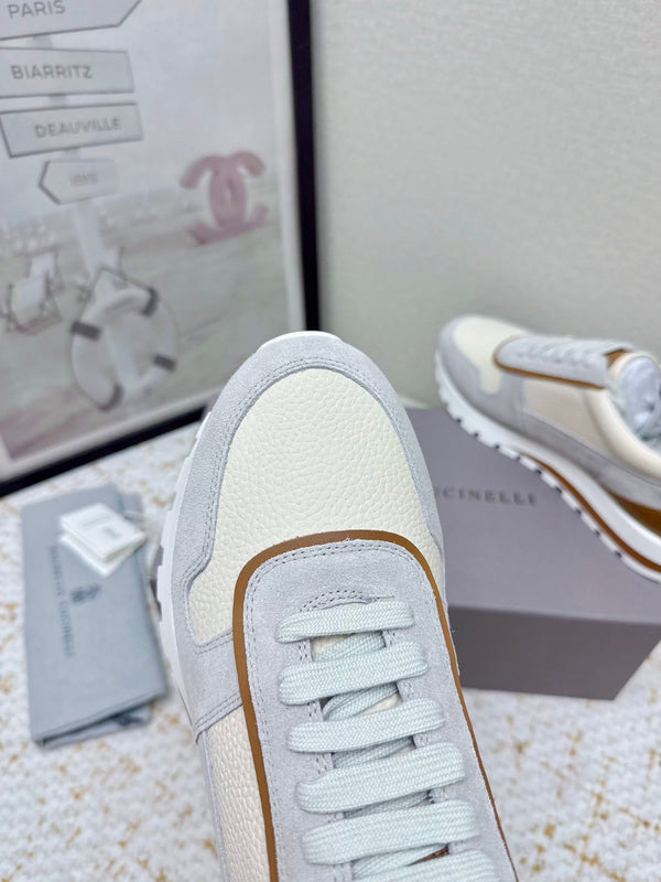 Brunello Panelled Sneakers Ivory Grey Grain Leather Suede 625366