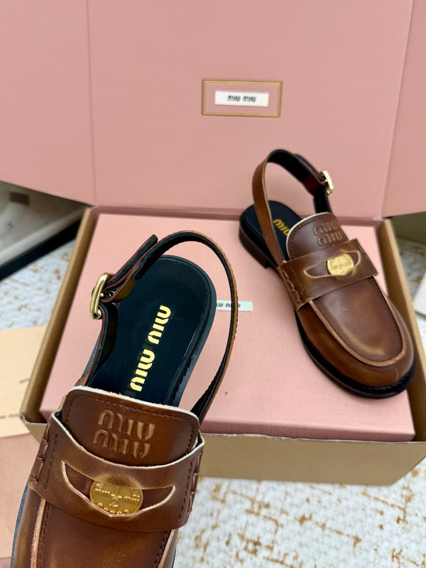 Miu Vintage-Effect Penny Slingback Faded Brown Leather 791000