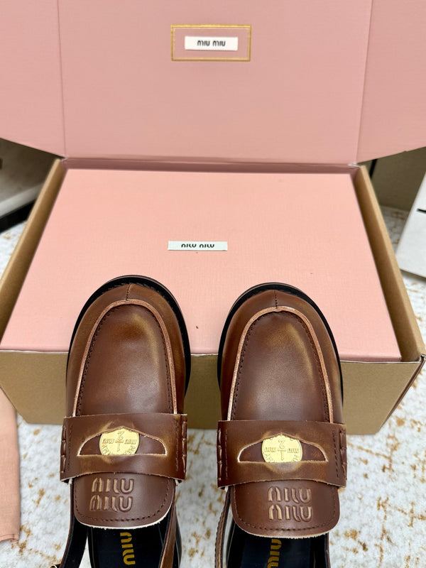 Miu Vintage-Effect Penny Slingback Faded Brown Leather 791000